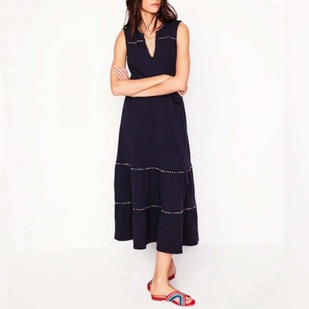 Boden Tara Tiered Midi Dress US 8 Pom Trim 100% Cotton Navy Blue - Picture 4 of 15